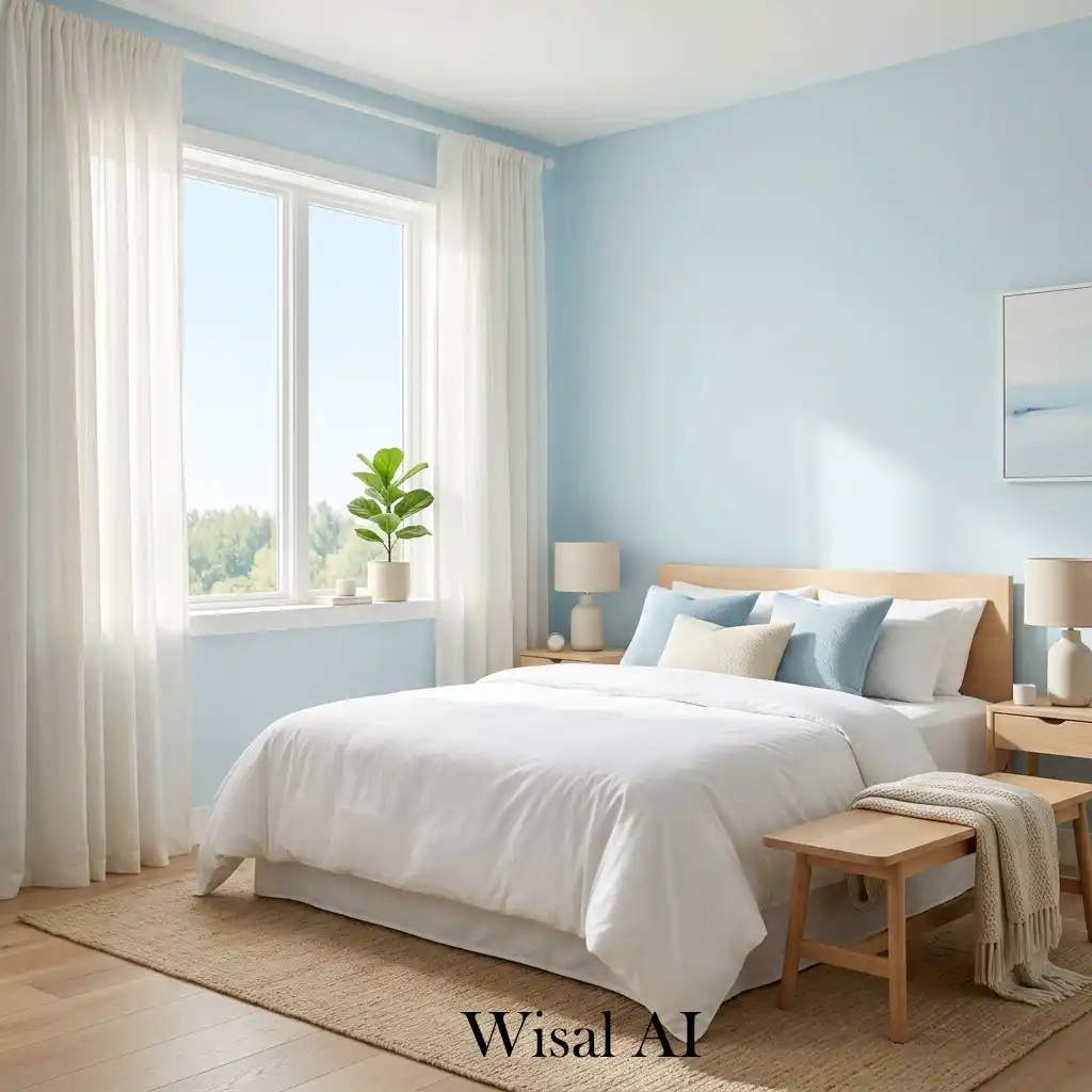 Light blue airy bedroom with natural daylight and soft curtains