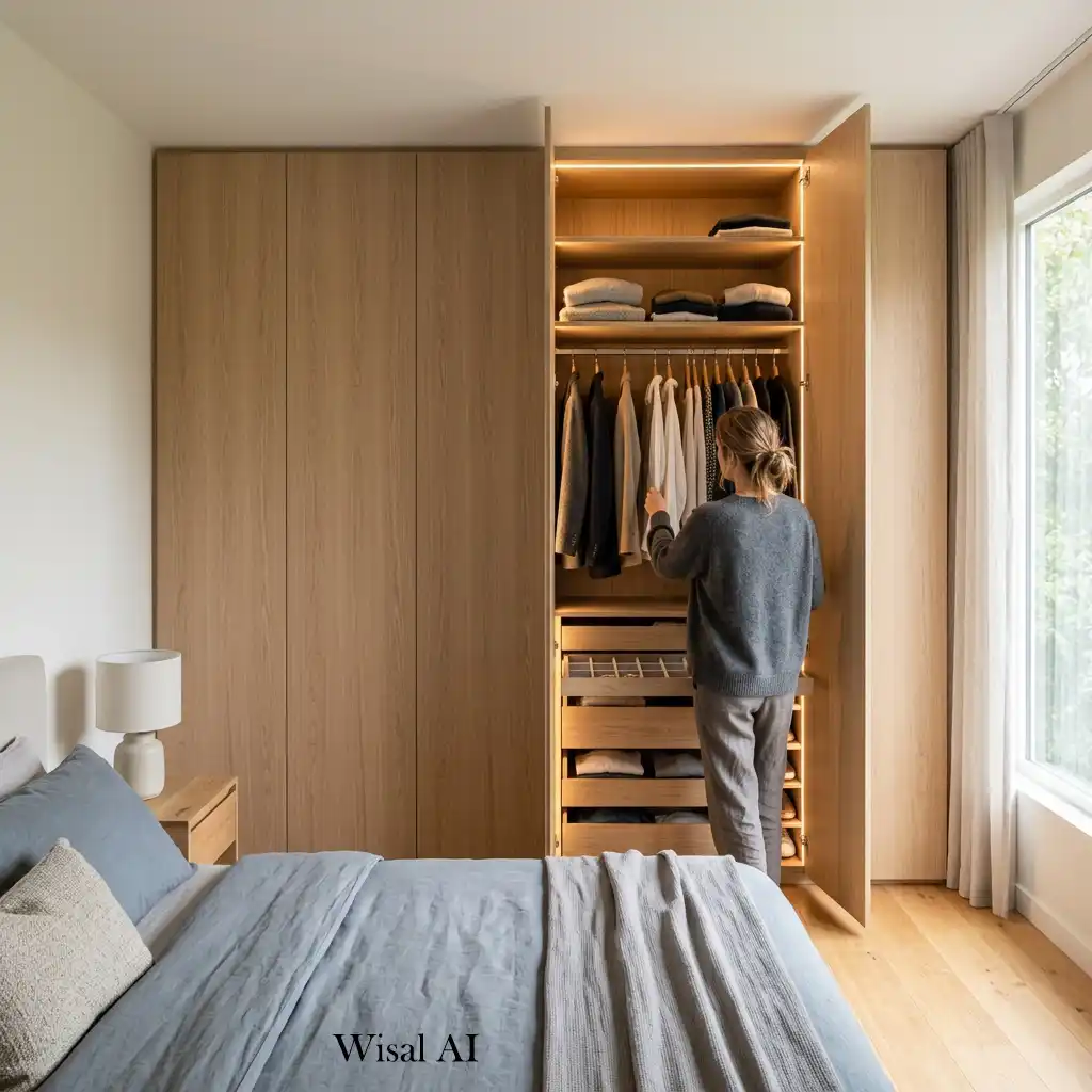 White oak built-in wardrobe with custom storage and integrated lighting.