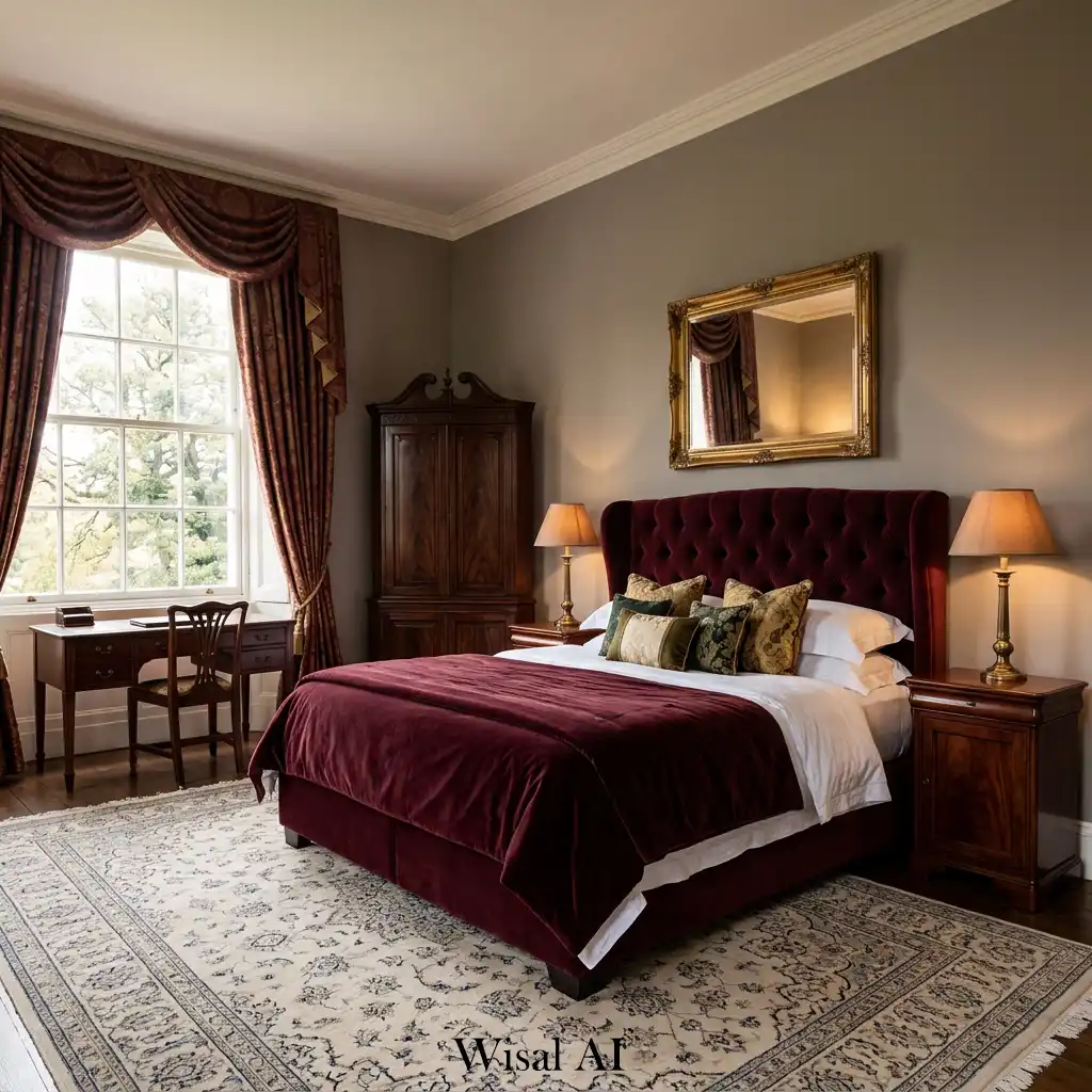 Classic burgundy bedroom with dark wood furniture and cozy atmosphere