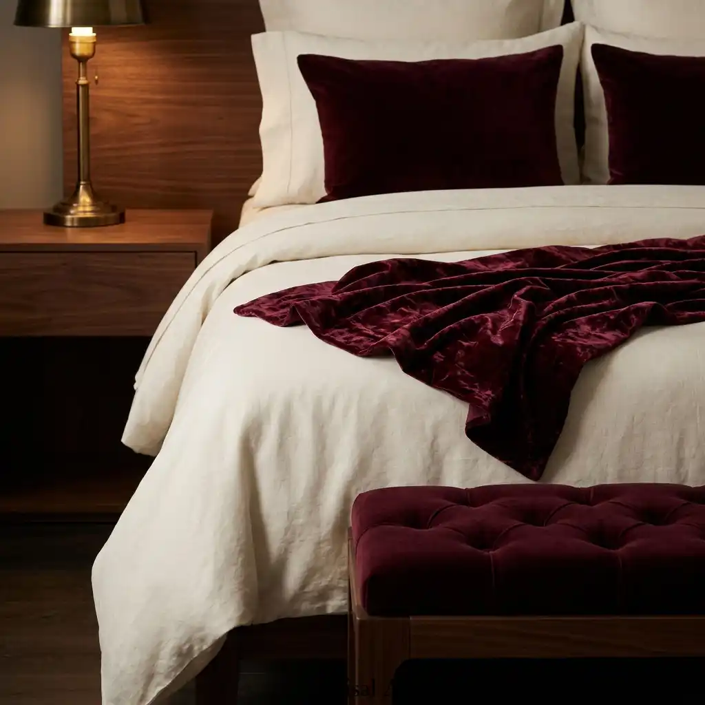 Burgundy velvet bedding paired with warm walnut furniture