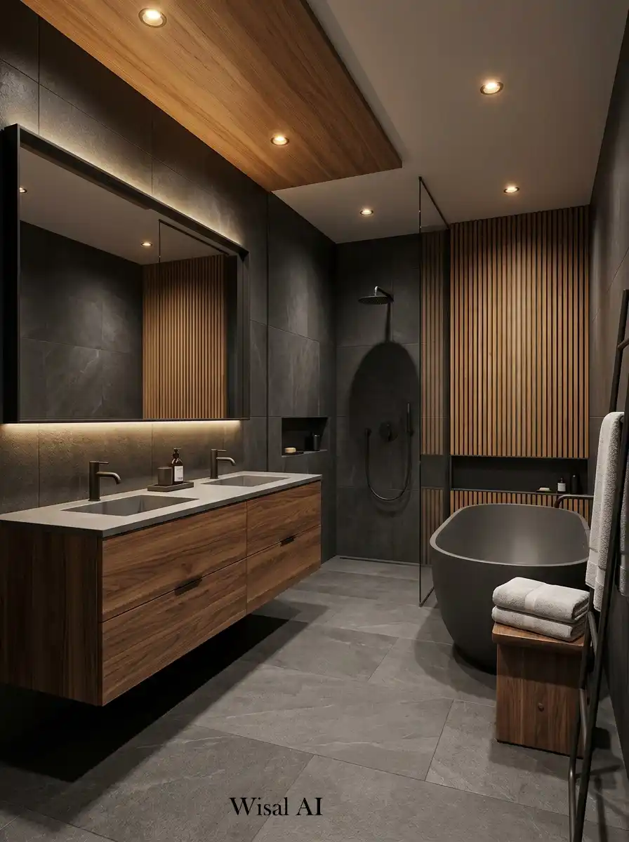 Luxury bathroom with charcoal walls warm wood textures and sophisticated modern spa-inspired interior lighting design.