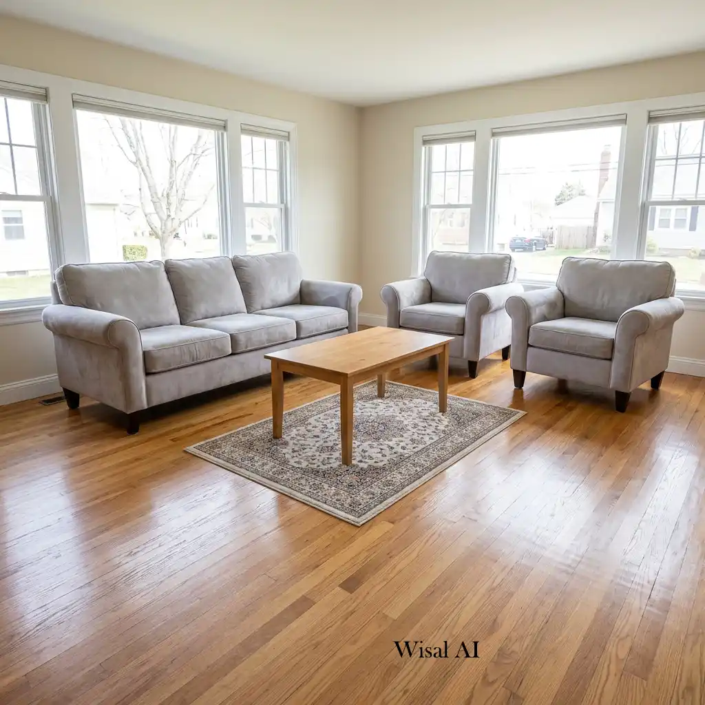 Spacious living room anchored by a large area rug that unifies the seating arrangement.
