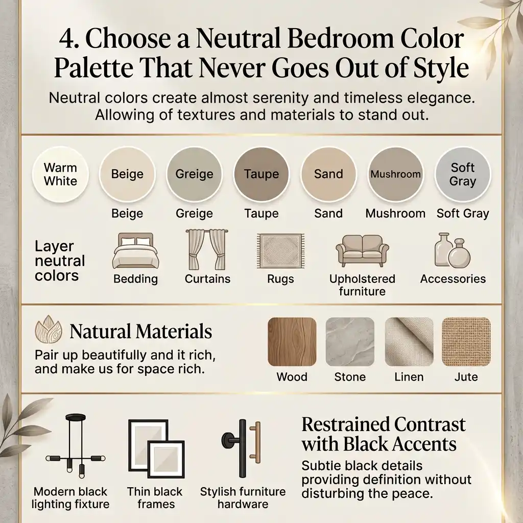 Neutral bedroom with soft beige walls, wood furniture, and timeless elegance throughout.