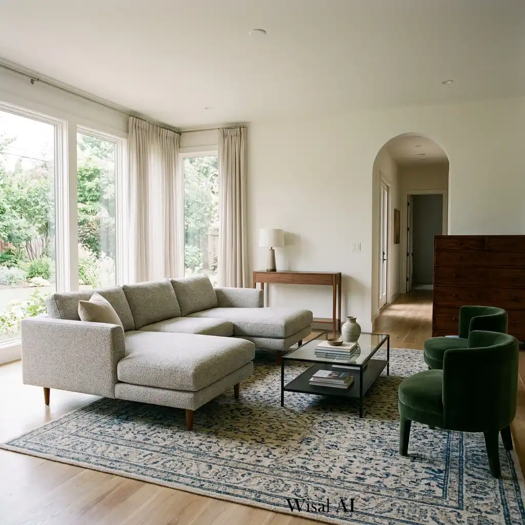 Perfectly proportioned furniture layout in a modern living room.