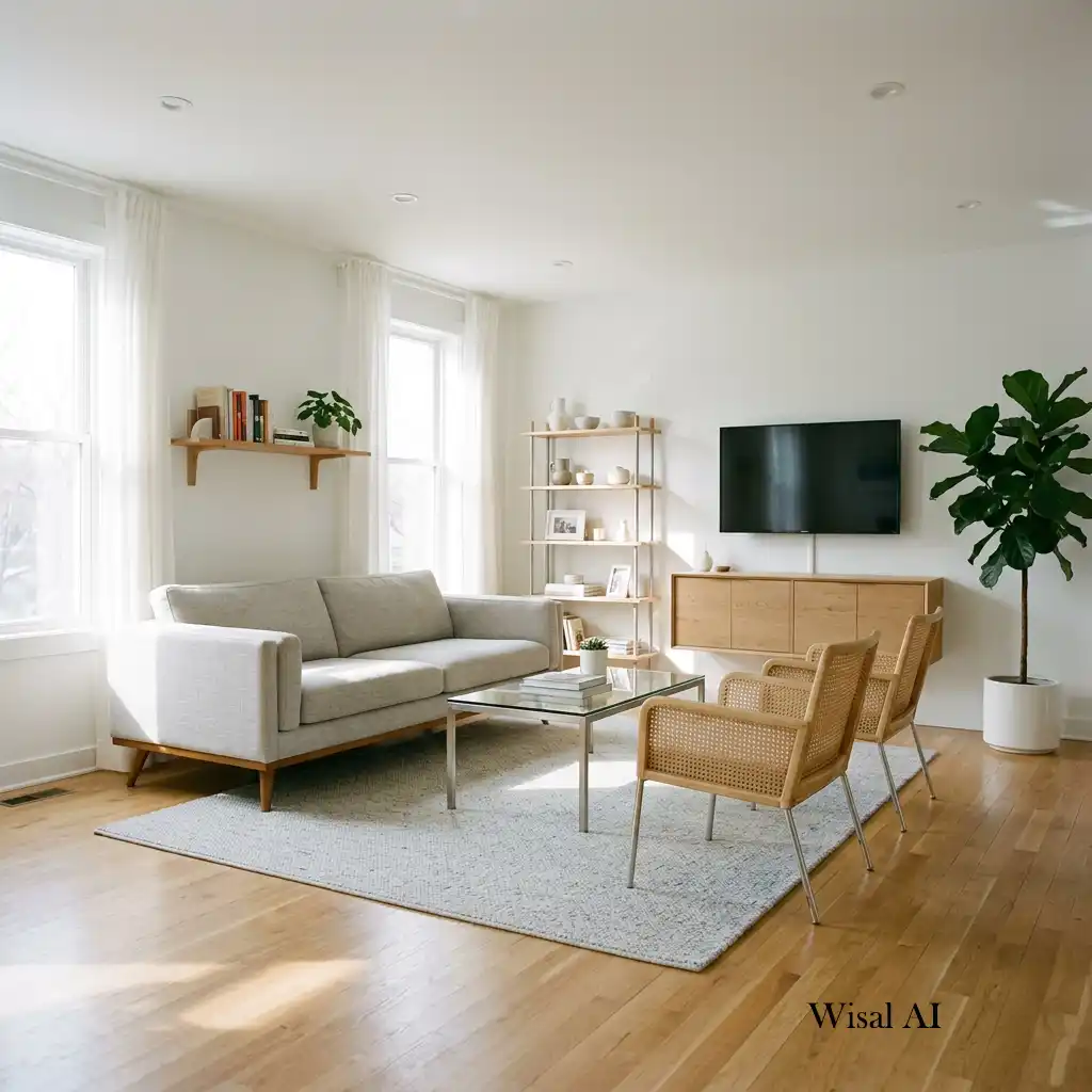 Contemporary living room featuring light-colored furniture with an open and airy design.
