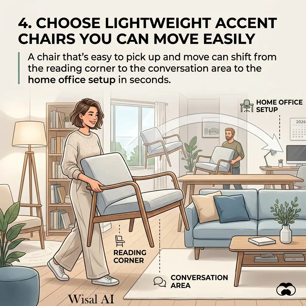Lightweight accent chairs move easily for flexible seating around rooms
