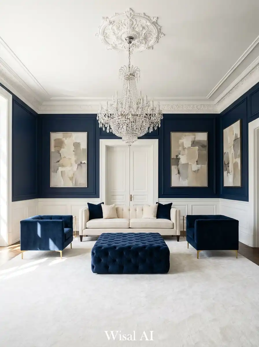 4. Classical Grandeur: A Navy Blue and White Living Room Story