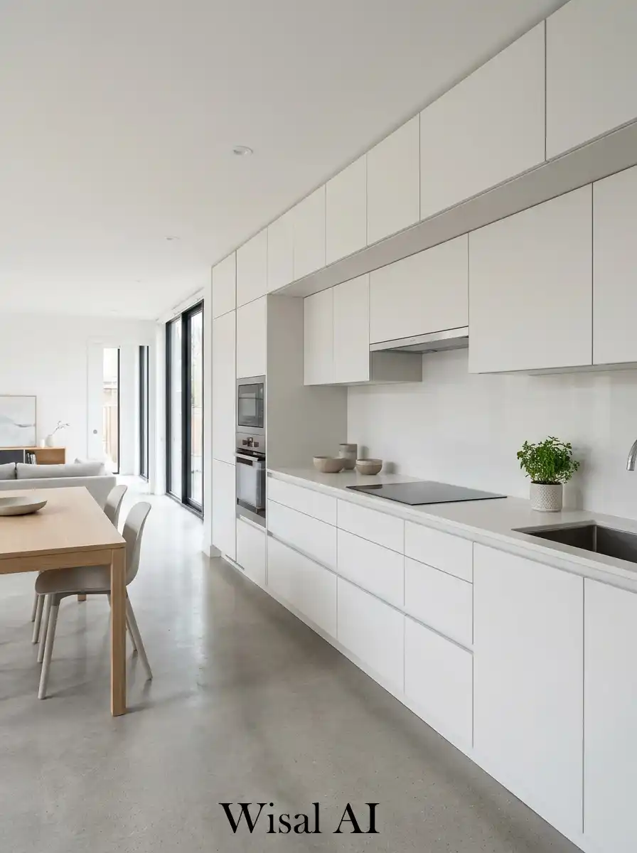 4. Linear kitchen layout with modern minimal flow