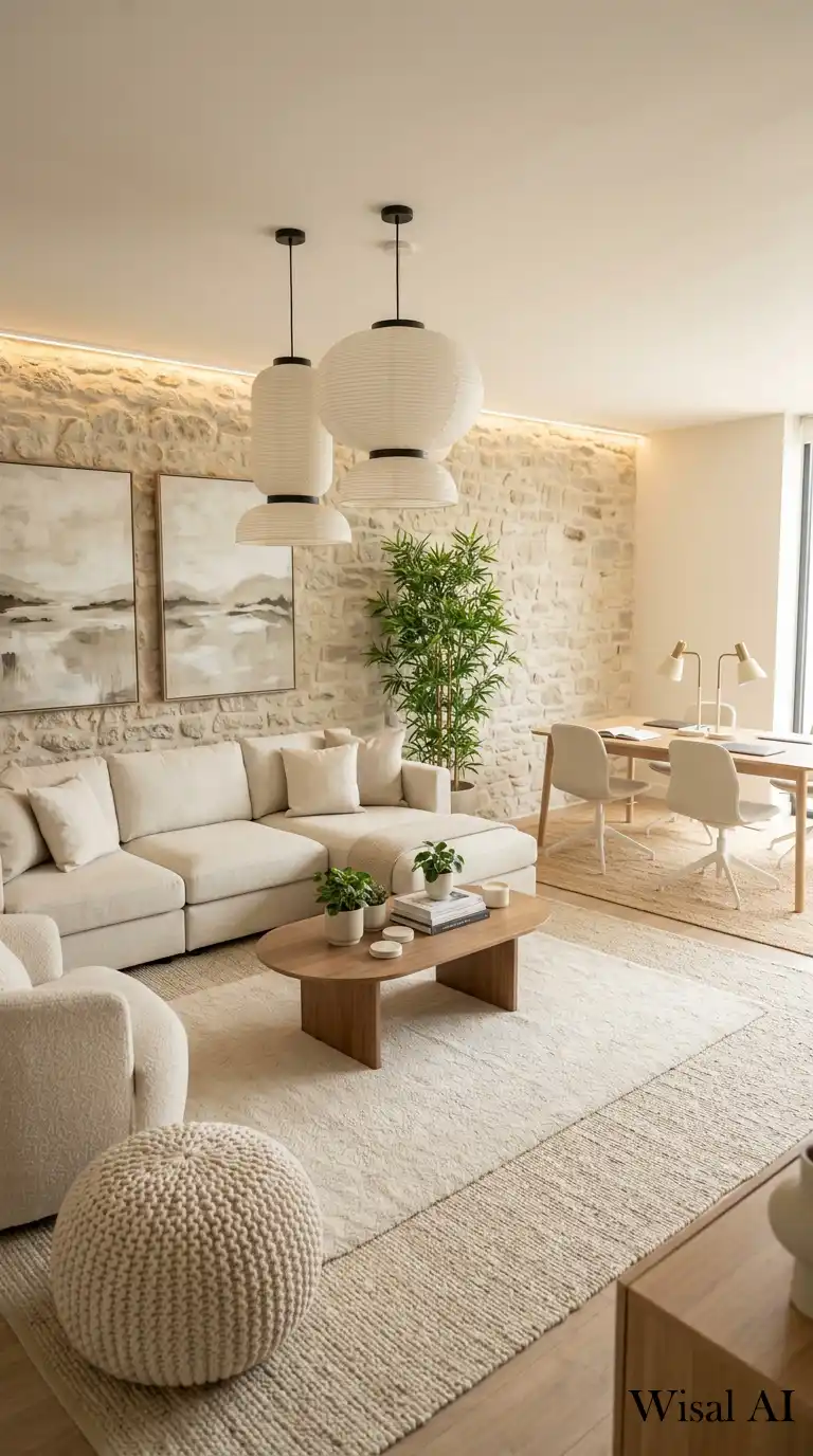 14. Smart Zoning: A Shared Workspace and Cream Living Room Combo