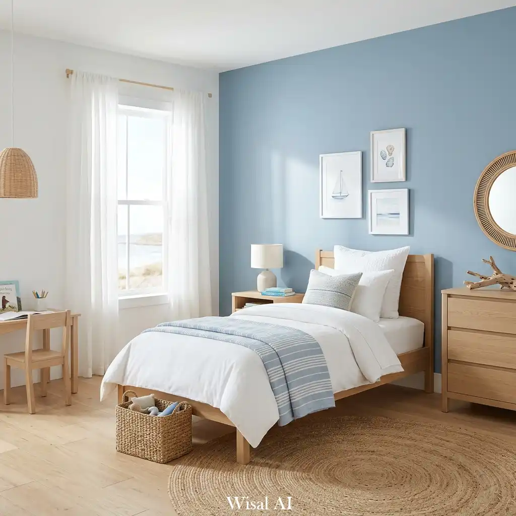 Coastal inspired kids bedroom with soft blue tones, natural wood furniture, and calm ocean style