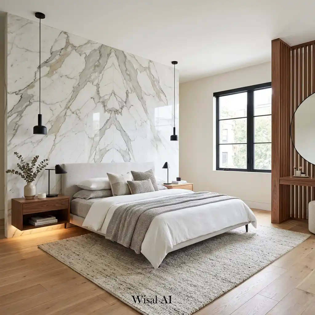 High-end bedroom featuring a dramatic marble accent wall behind the bed