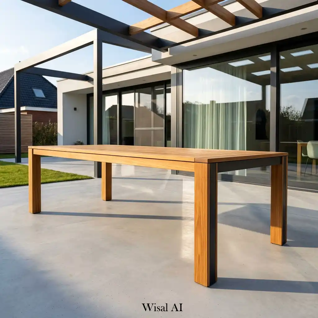 Contemporary backyard dining area with elegant table and outdoor entertaining setup