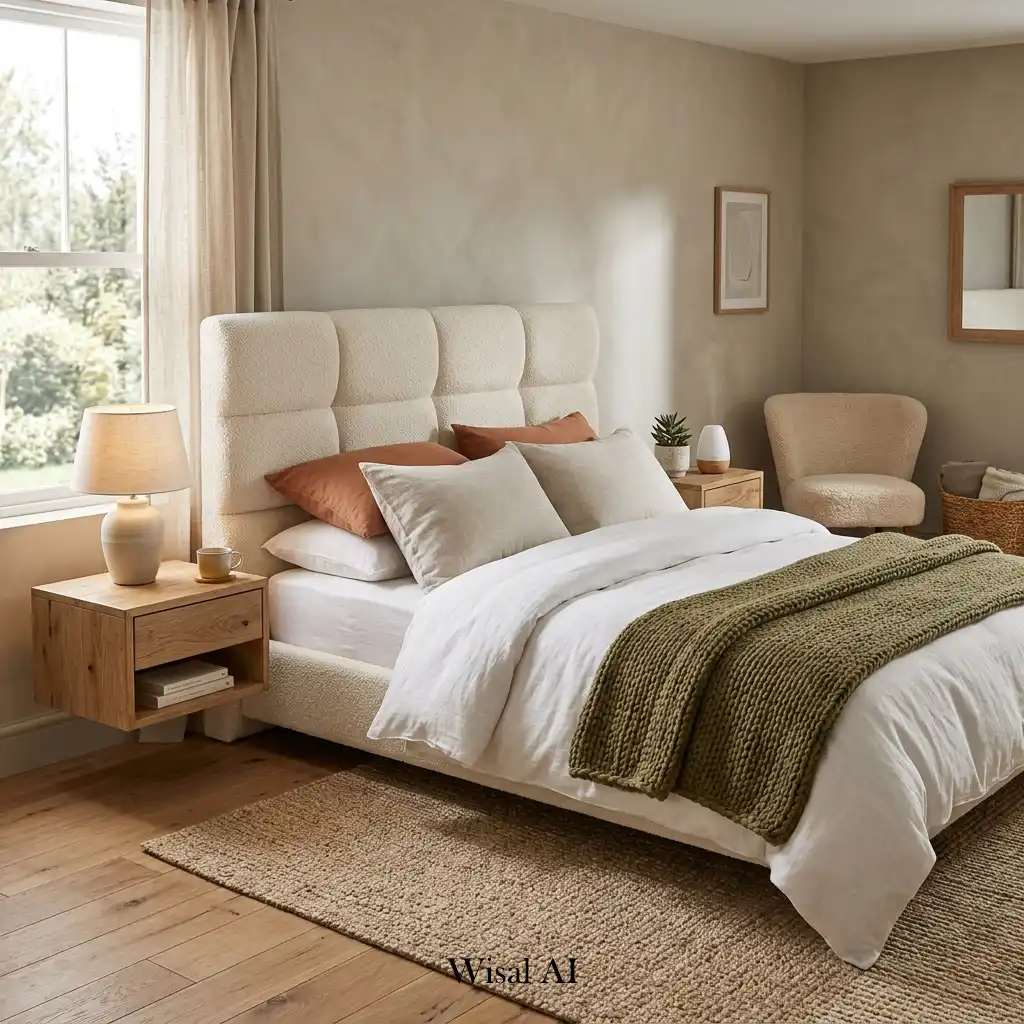 Cozy bedroom with a large upholstered headboard and neutral décor.