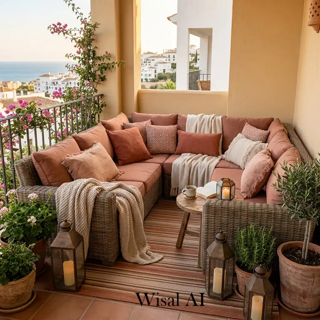 Cozy terracotta balcony lounge corner with comfortable seating