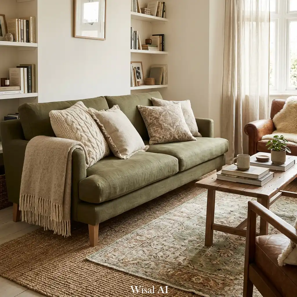 Cozy textured living room with olive green sofa, layered fabrics, and soft beige natural tones