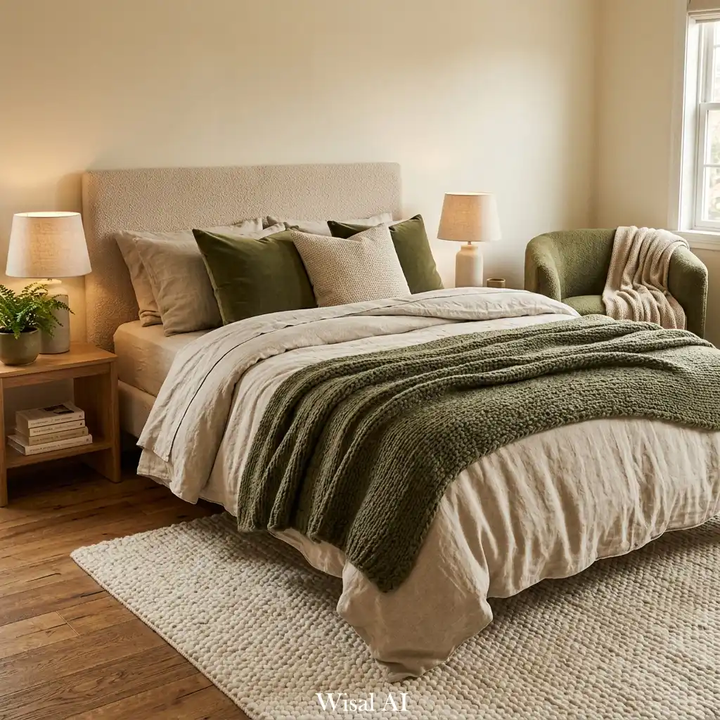 Cozy textured bedroom with layered fabrics in green and beige tones, warm and inviting atmosphere