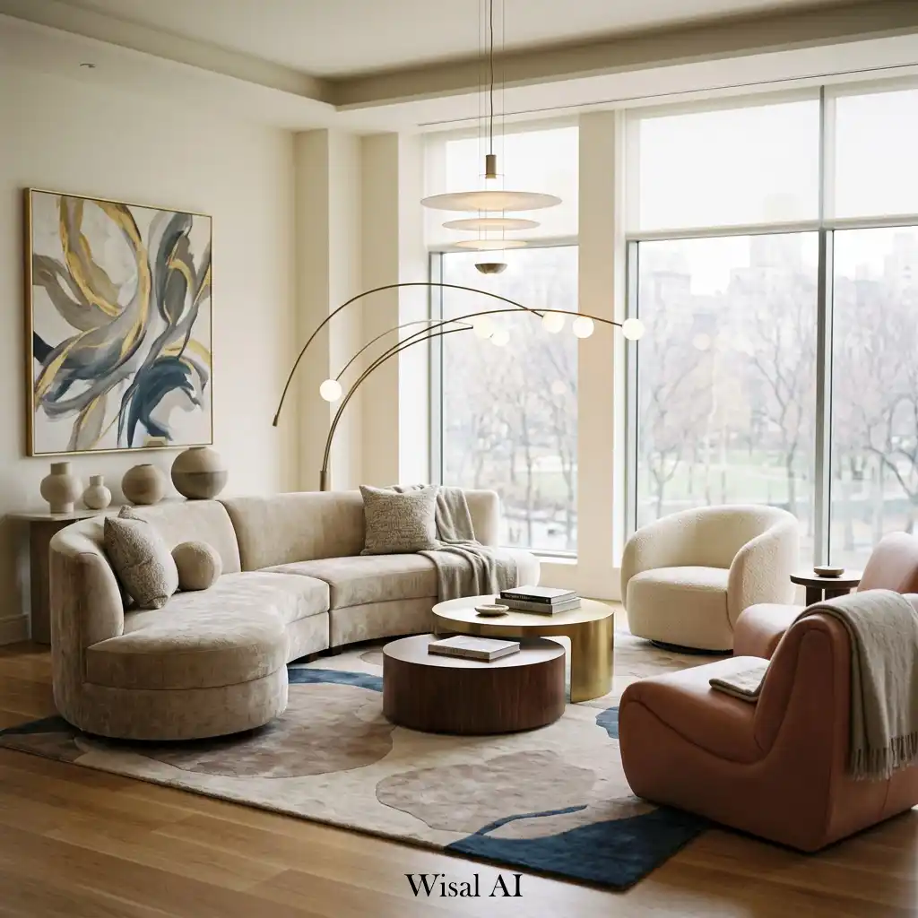 Luxury living room featuring curved furniture and soft modern design