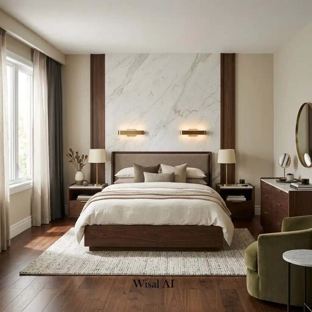 Walnut bedroom furniture paired with marble bedside tables and neutral décor.