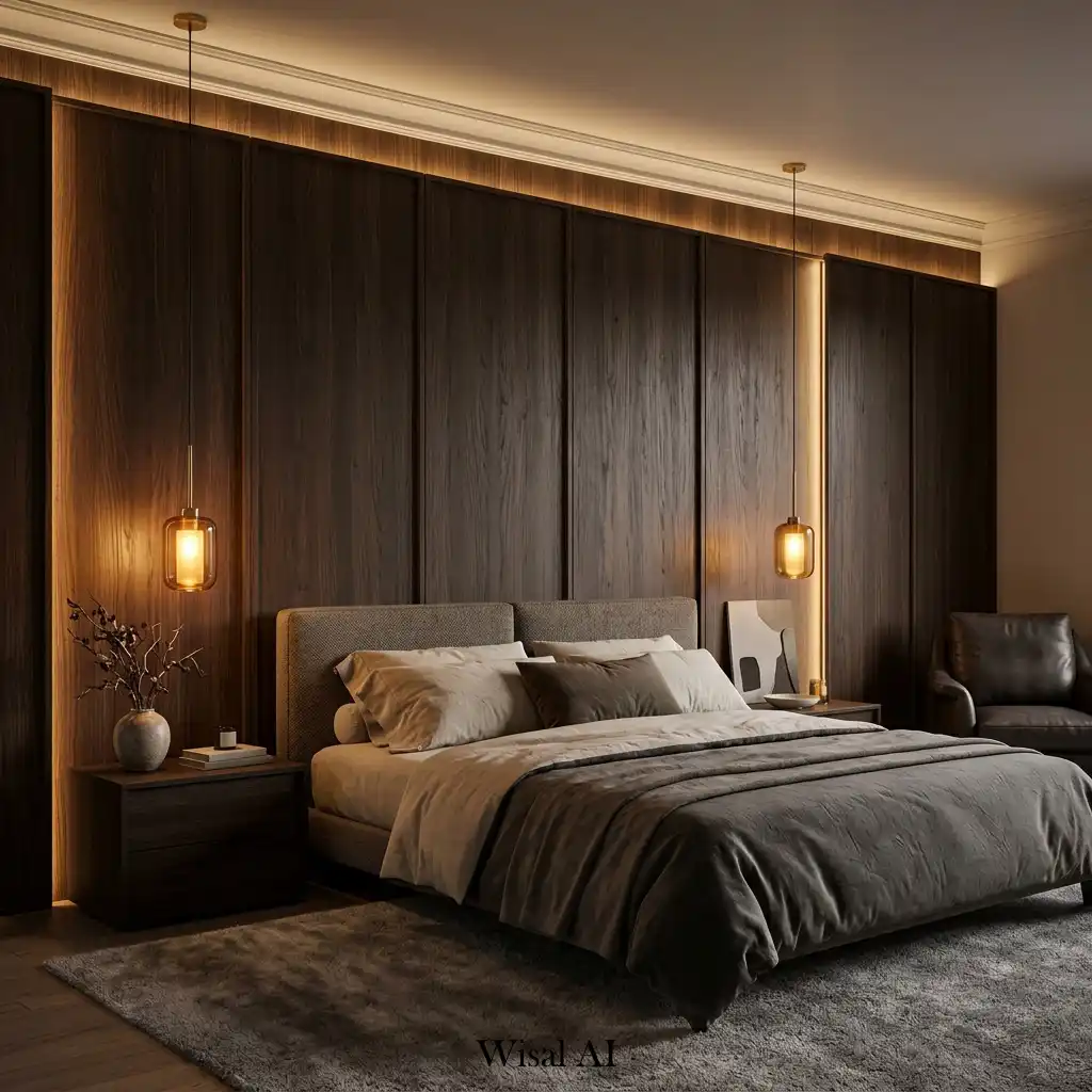 Dark wood bedroom wall paneling illuminated by warm ambient lighting.
