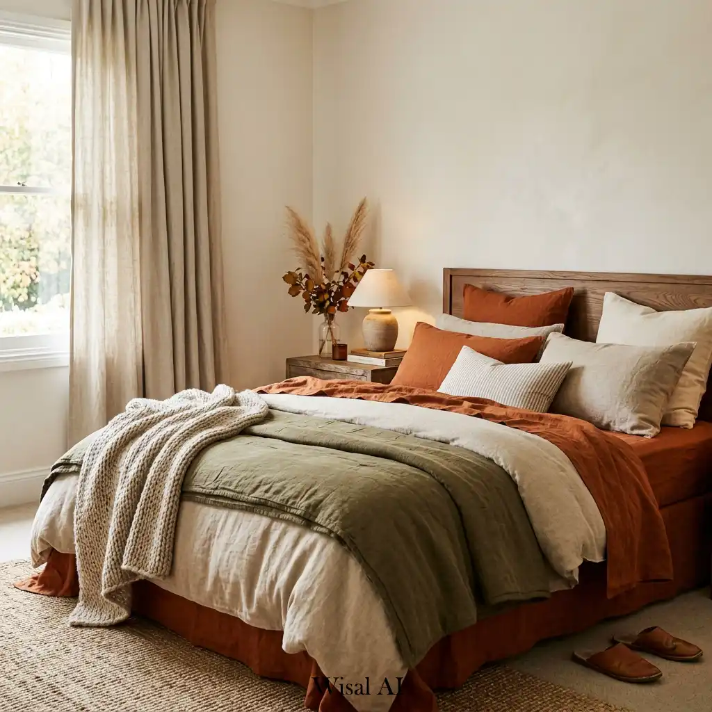 Earthy elegant bedroom layered with textured linen bedding and décor.
