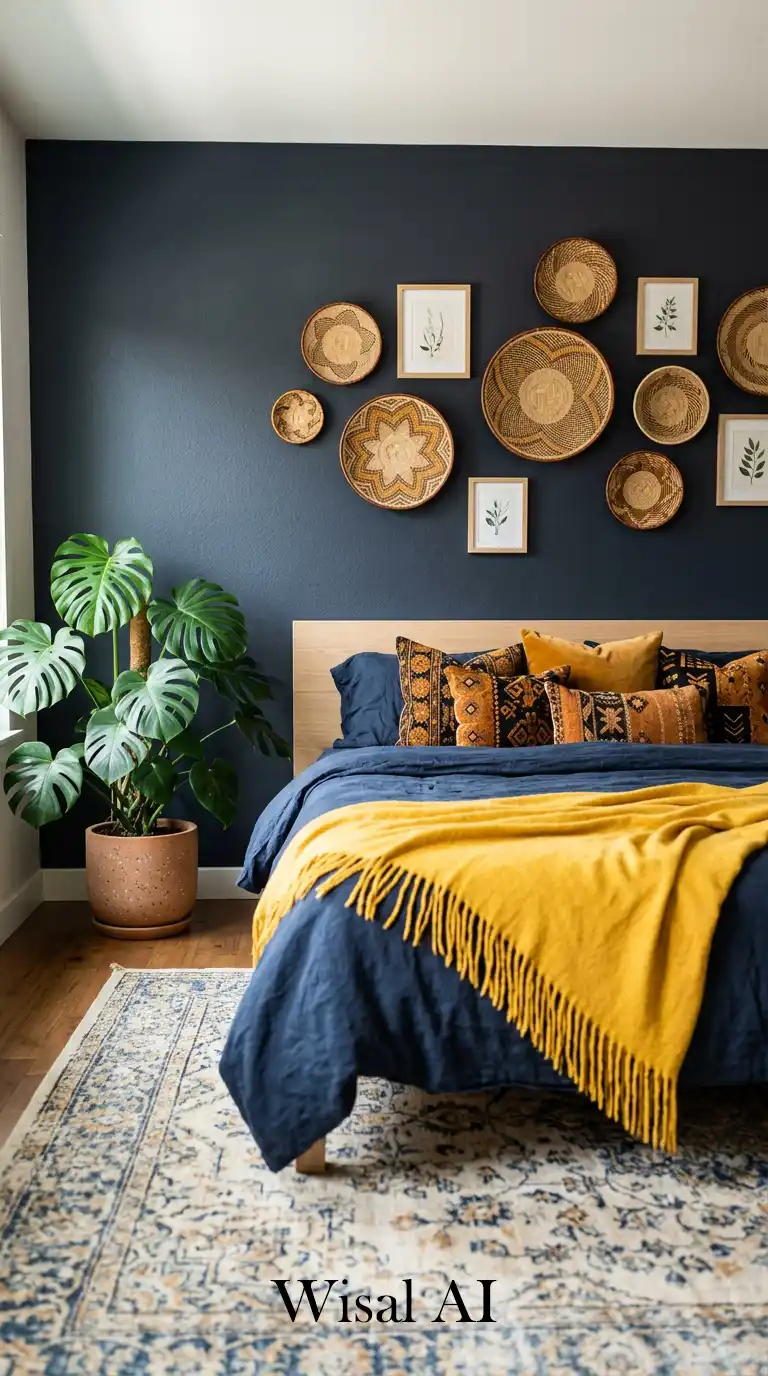 4. Eclectic Indigo Harvest: A Textured Blue and Yellow Bedroom Idea