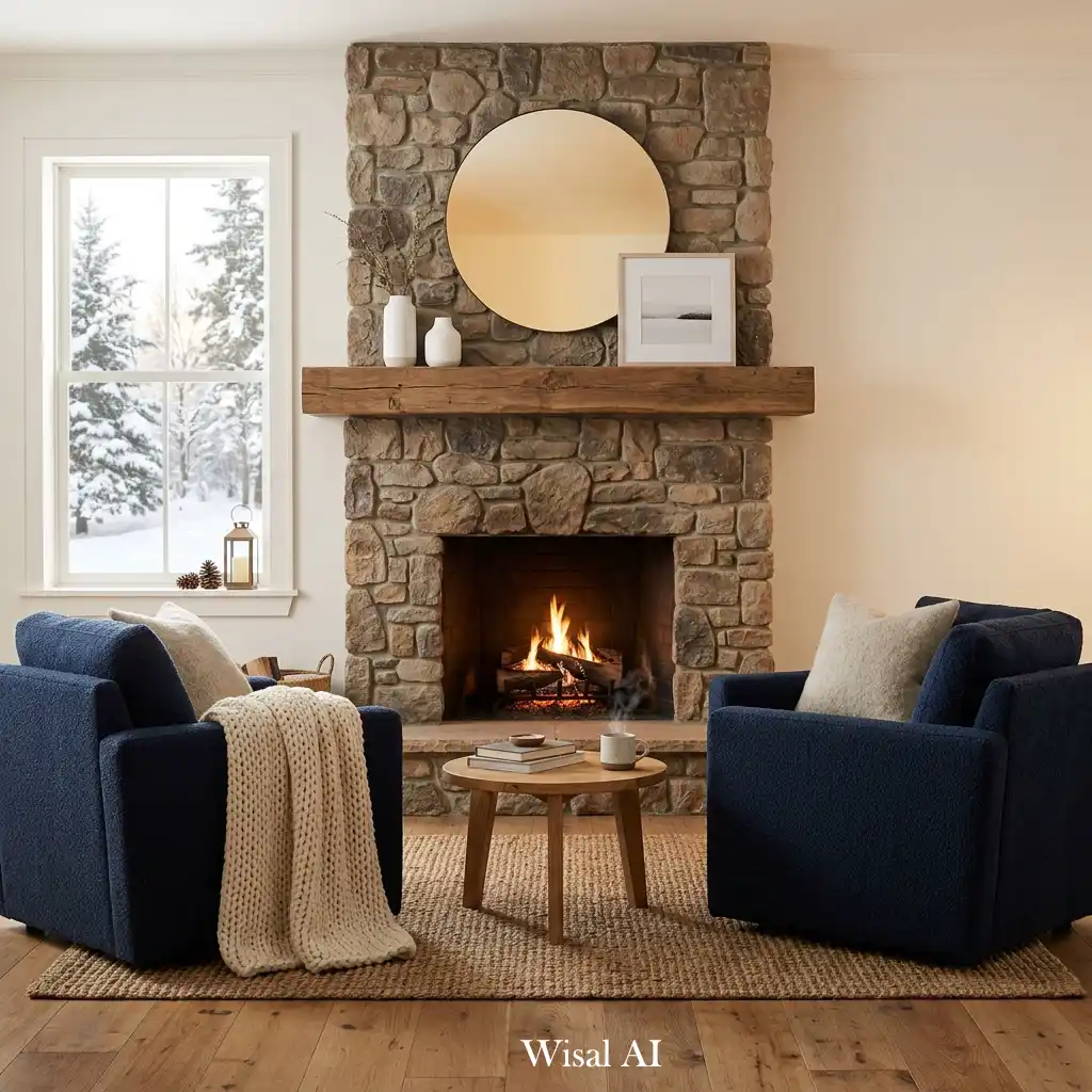 Luxury living room centered around a modern fireplace for winter comfort.