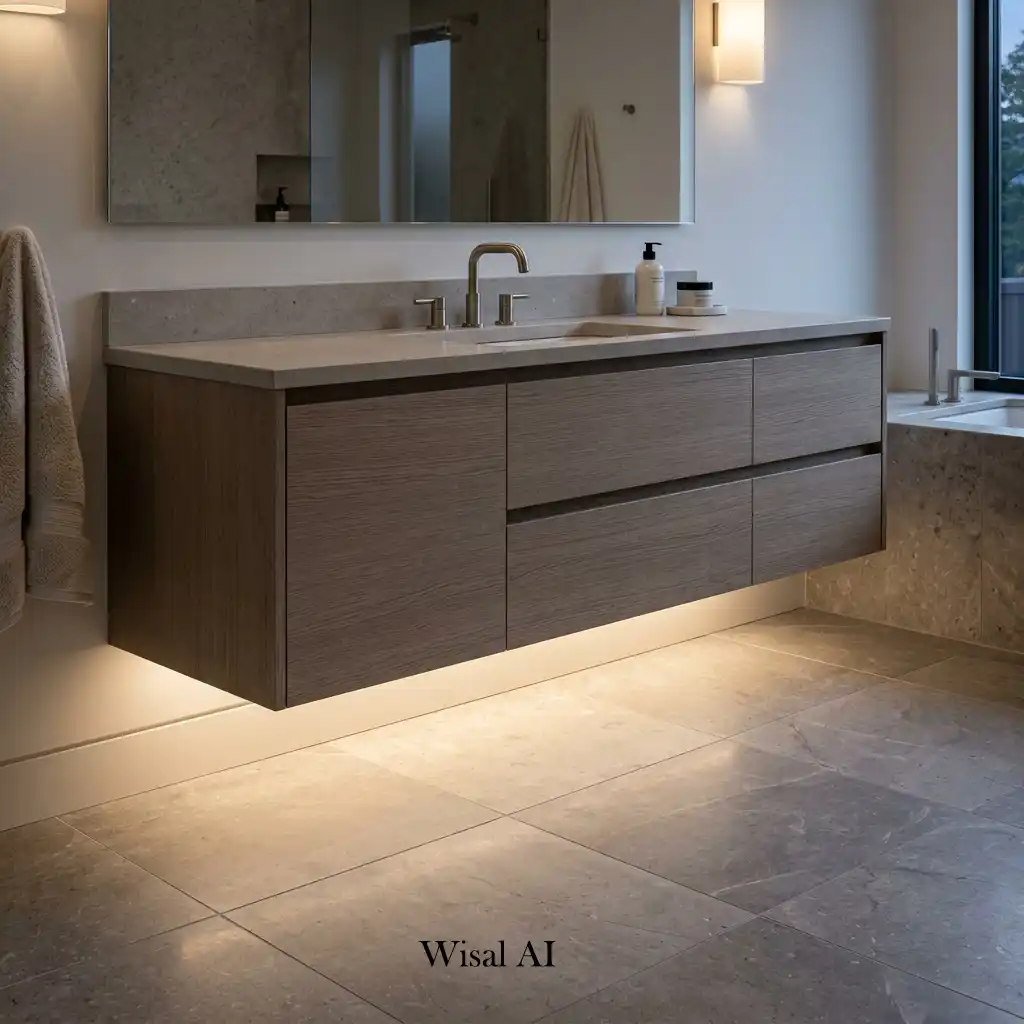 Floating bathroom vanity with concealed LED lighting creating a spa-inspired atmosphere.