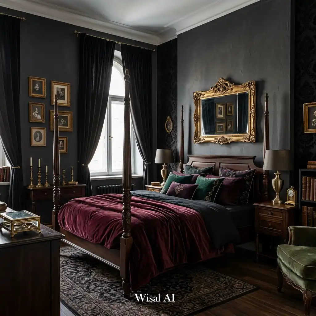 Gothic bedroom with antique gold accents and elegant dark décor.