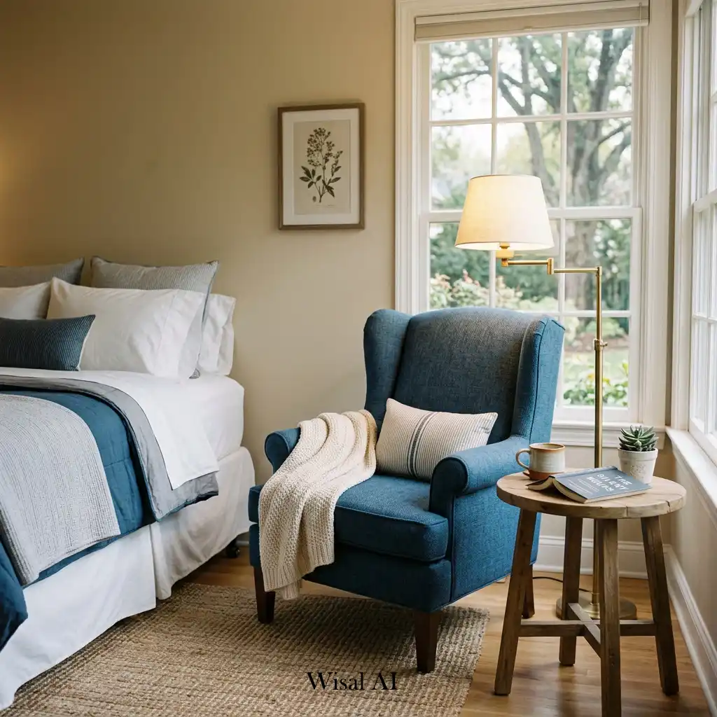 Guest bedroom featuring a cozy reading corner with natural light.
