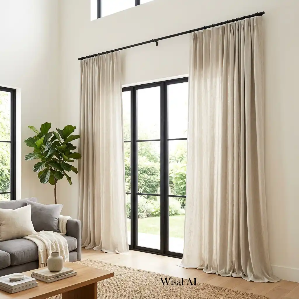 Bright living room with floor-to-ceiling linen curtains and natural light.