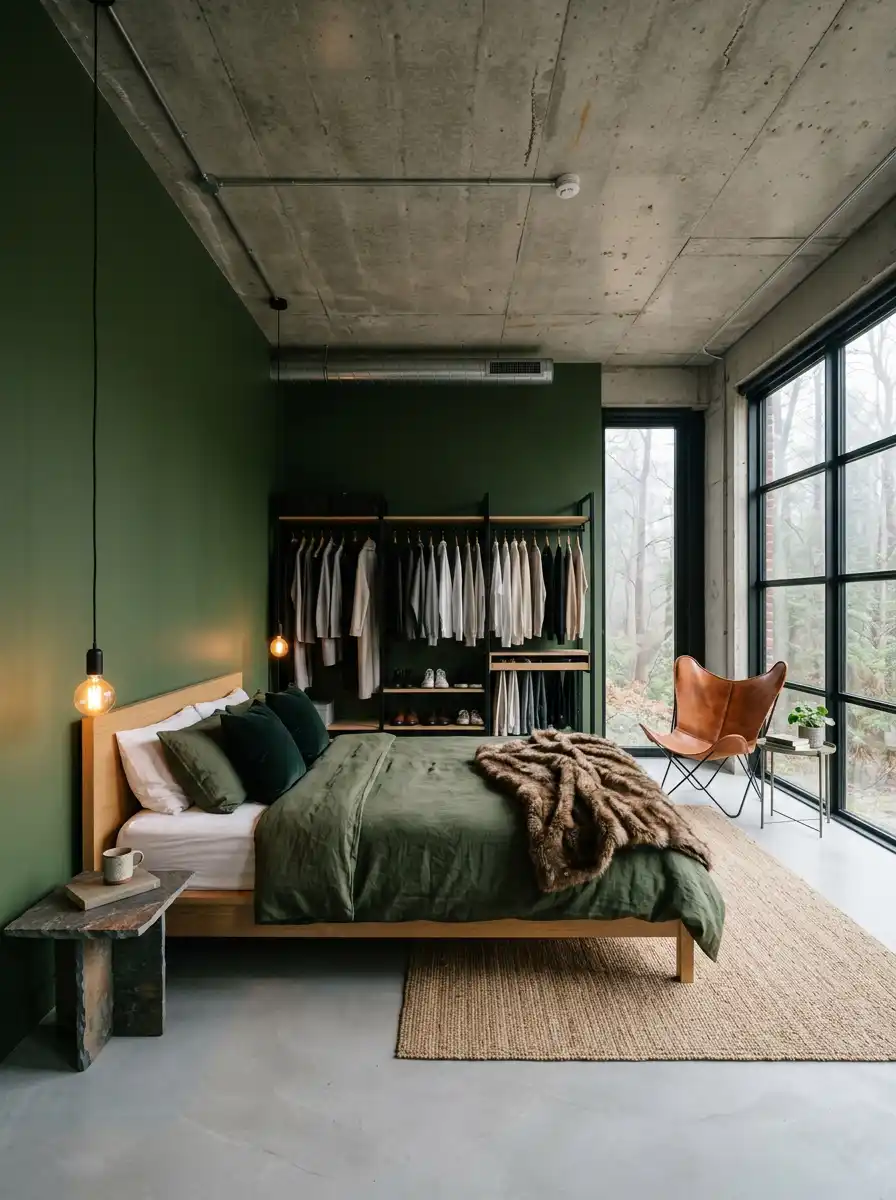 4. Industrial Forest Loft: Green Bedroom Ideas