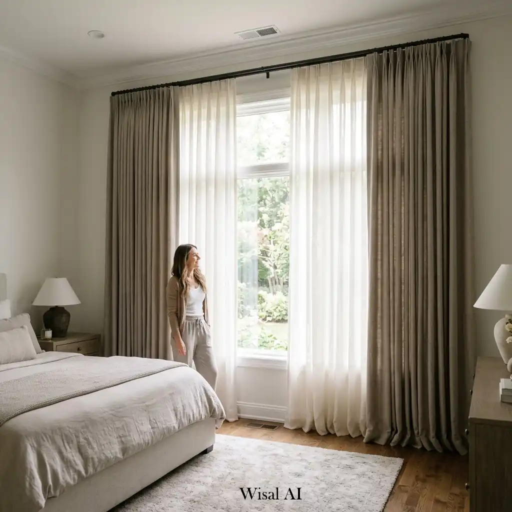 Elegant bedroom with floor-to-ceiling curtains making the room feel taller and brighter.