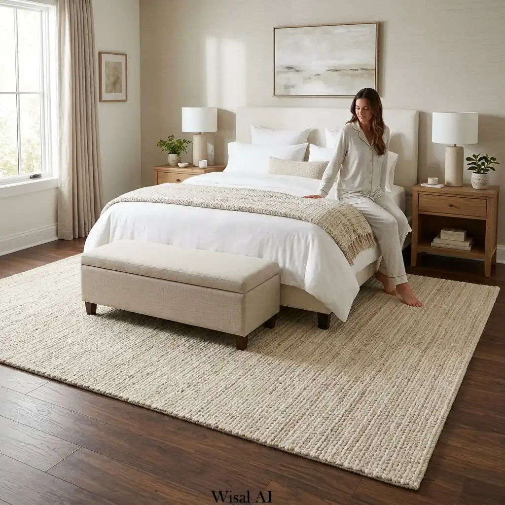 Spacious bedroom anchored by a large area rug adding warmth and visual harmony.