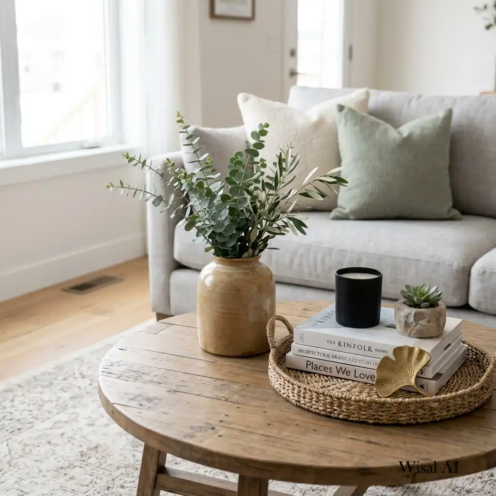 Fresh greenery arranged in a minimalist ceramic vase on a luxury coffee table.