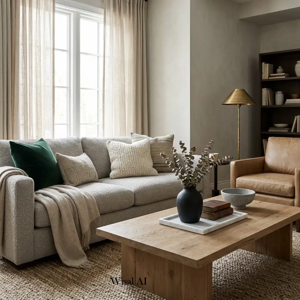 Elegant living room featuring rich textures, velvet cushions, and natural wood.