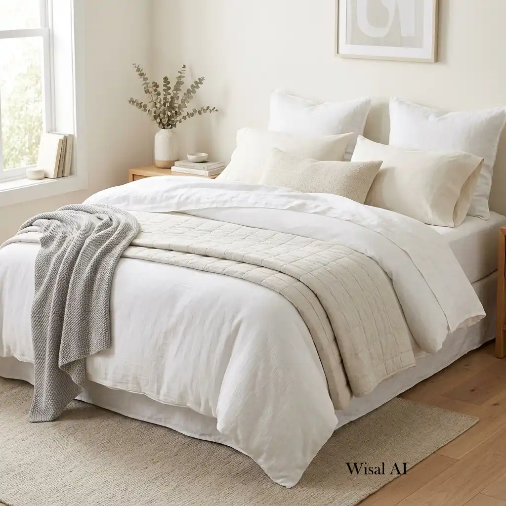 Luxury bedroom styled with breathable linen bedding, soft pillows, and cozy layered blankets.