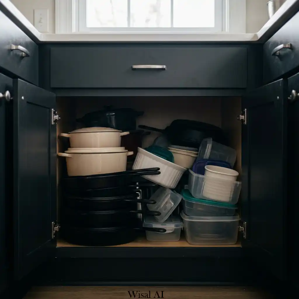 Well-organized kitchen with pull-out pantry drawers, drawer organizers, and smart built-in storage solutions.