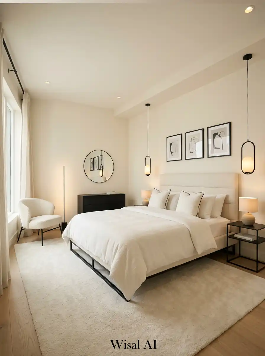 Elegant minimal bedroom with ivory white base and black accents creating a clean luxury contrast.