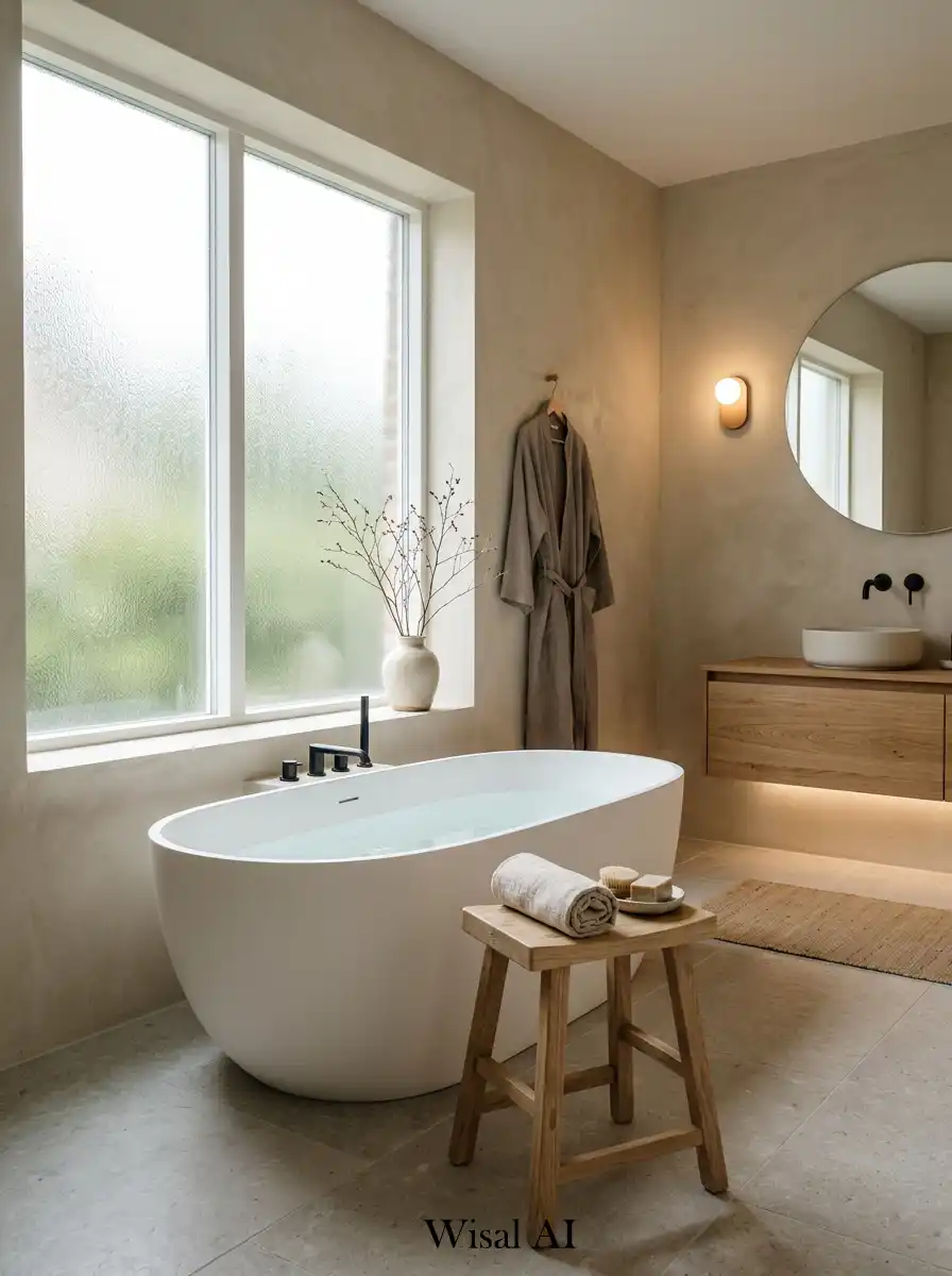 4. Japandi Bathroom with Freestanding Soaking Tub