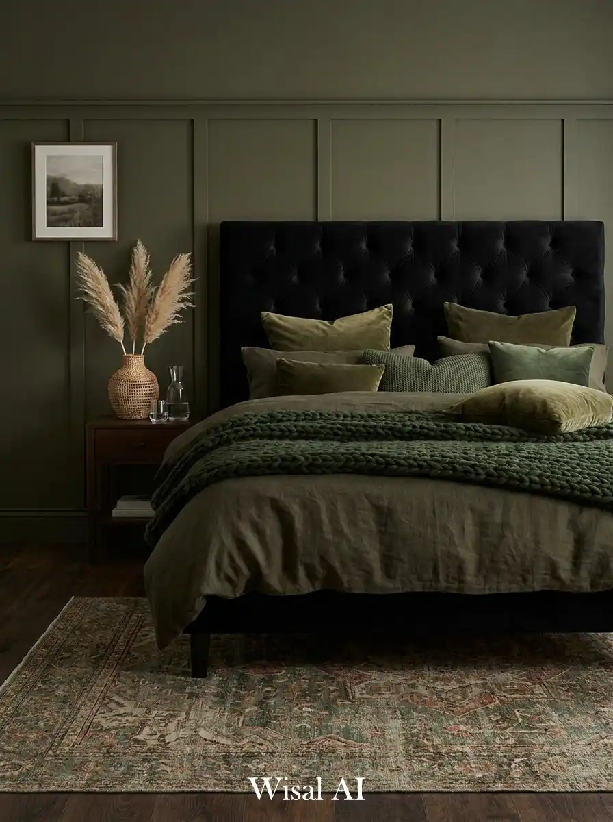 4. Knitted Comfort: A Cozy Dark Olive Bedroom Idea