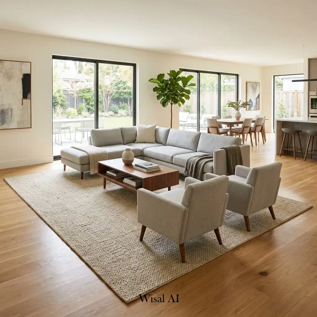 Open concept living room using a large area rug to define seating space