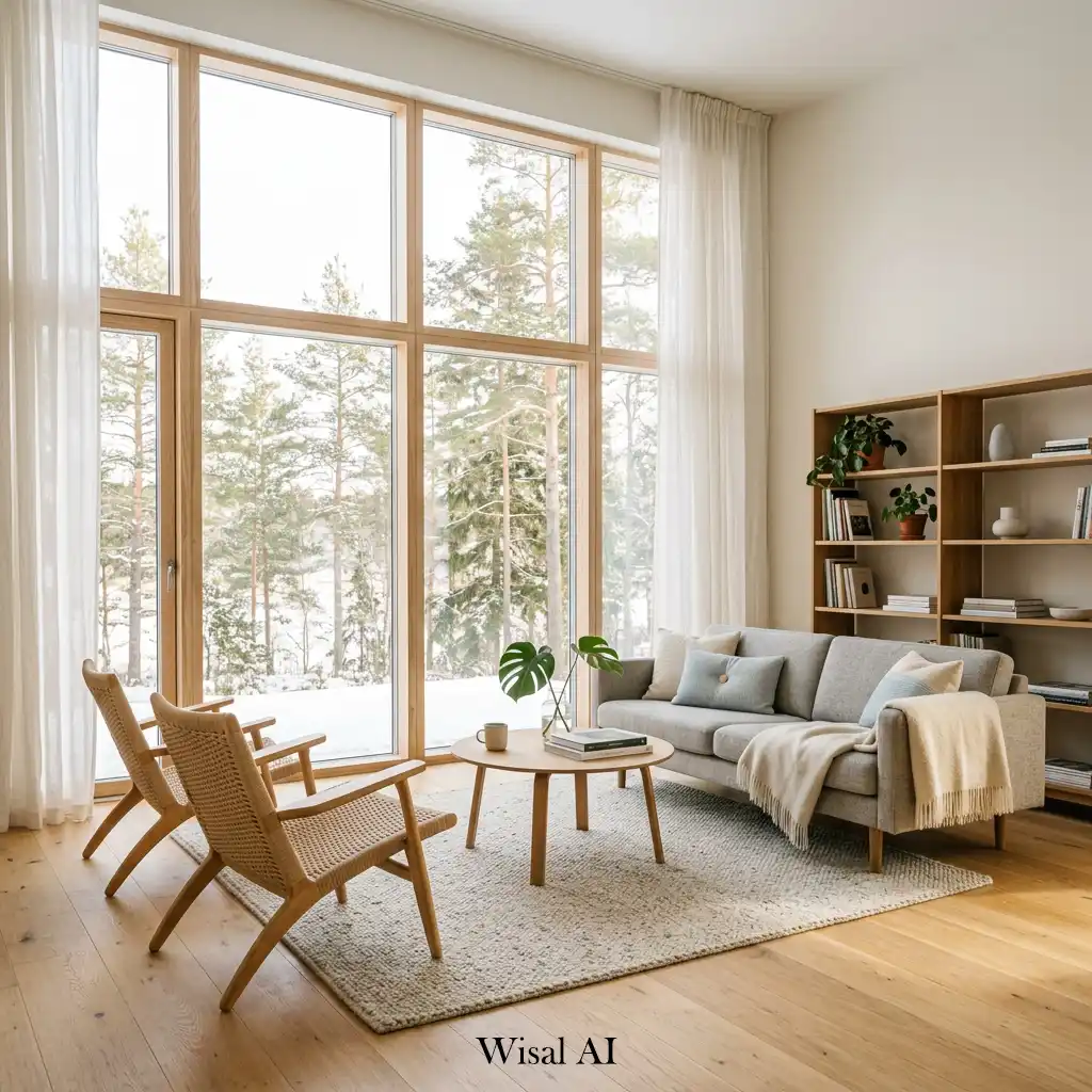 Bright Scandinavian home with large windows and natural daylight filling the room