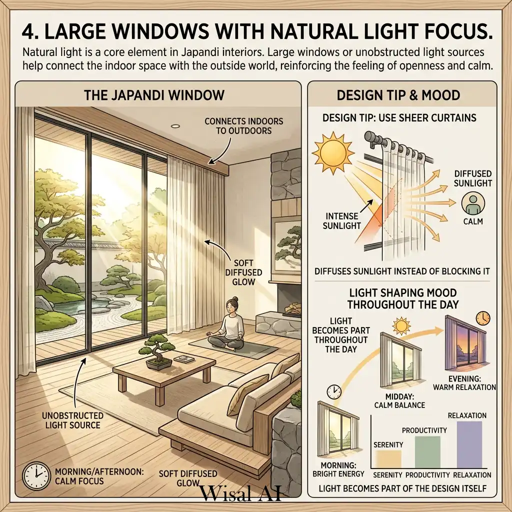 Japandi living room large windows natural light airy space