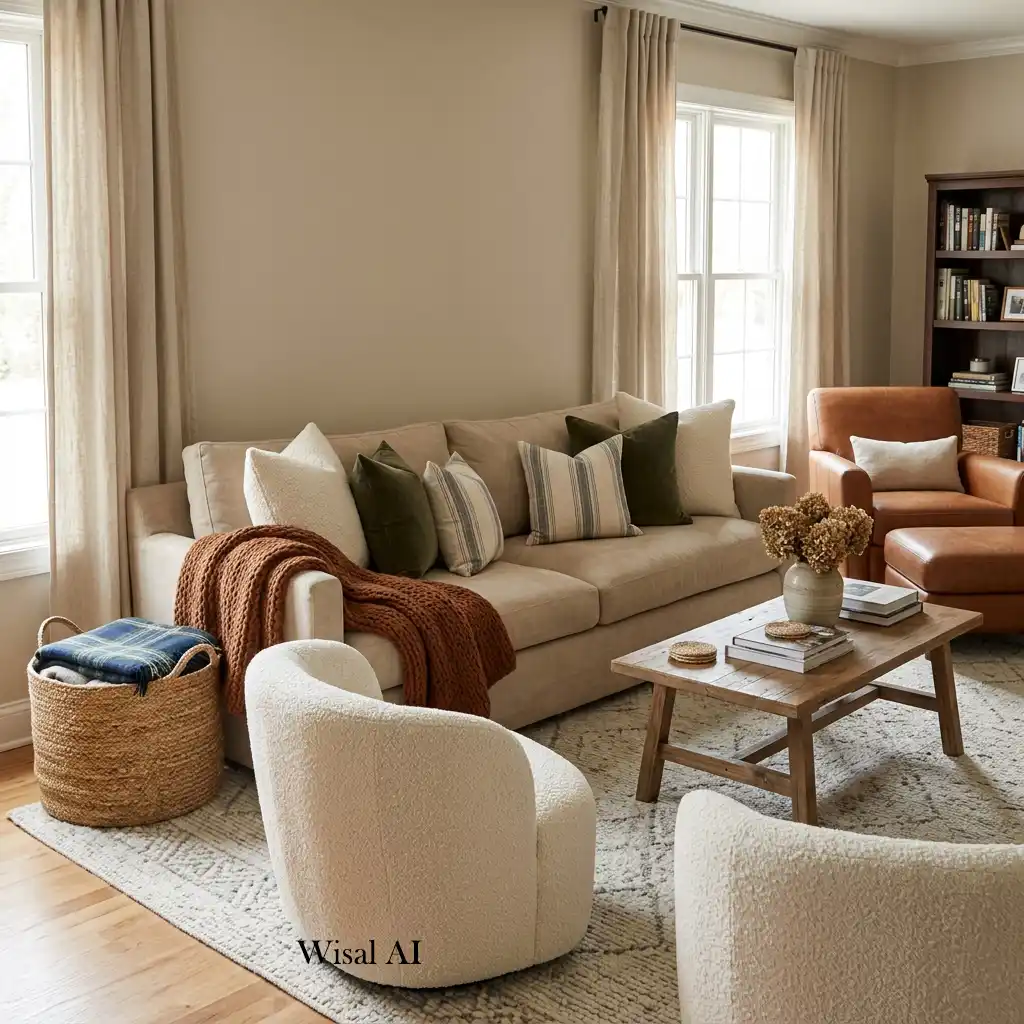 Cozy living room with layered linen, wool, and woven textures.