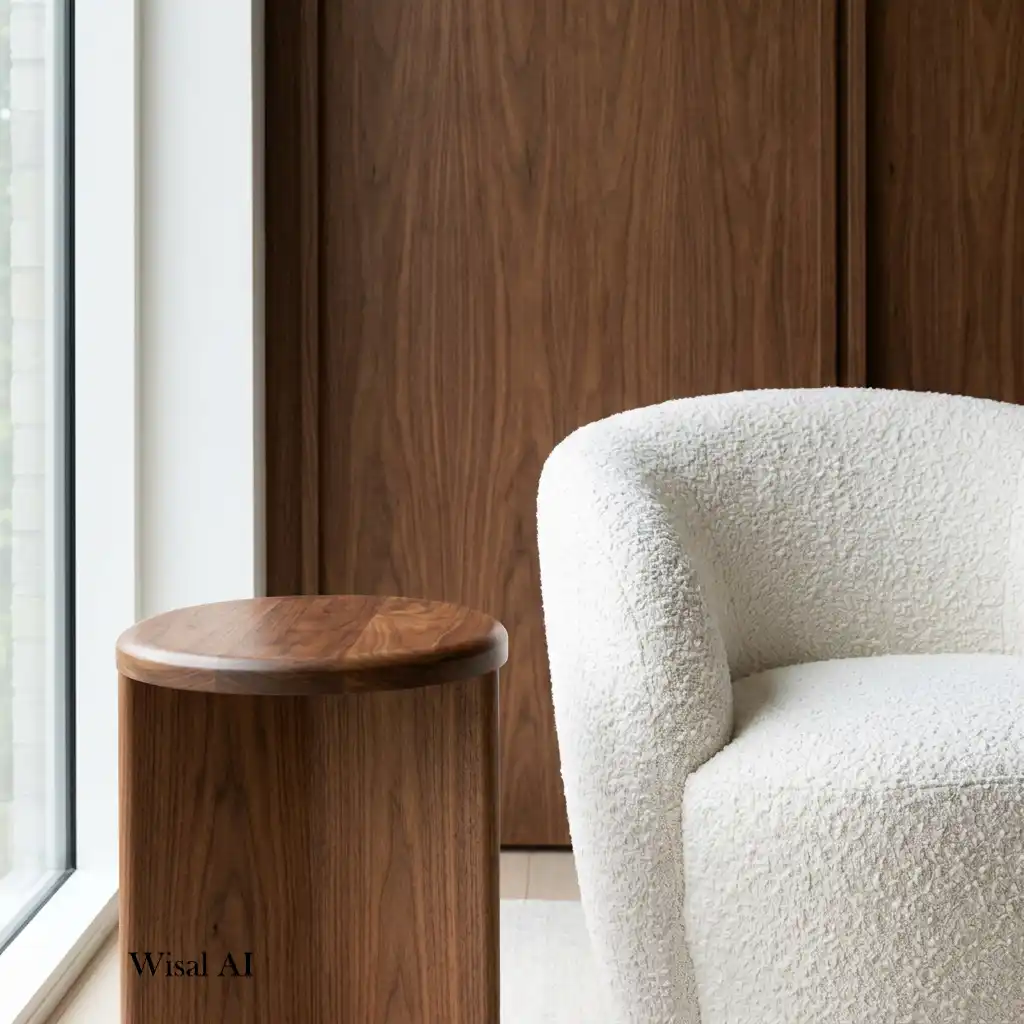 Cozy living room with cream textiles and walnut wood accents.