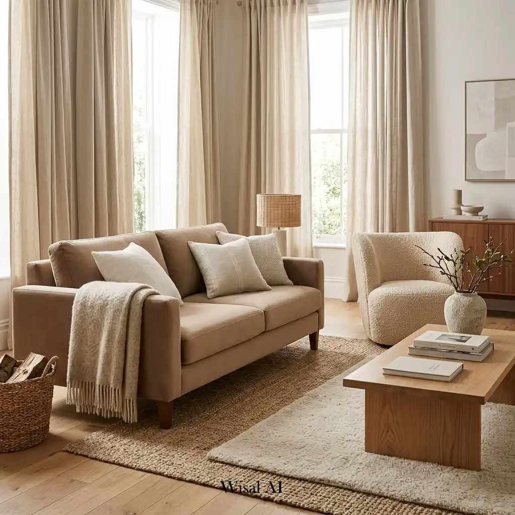 Cozy living room with linen curtains, bouclé seating, and layered textures.