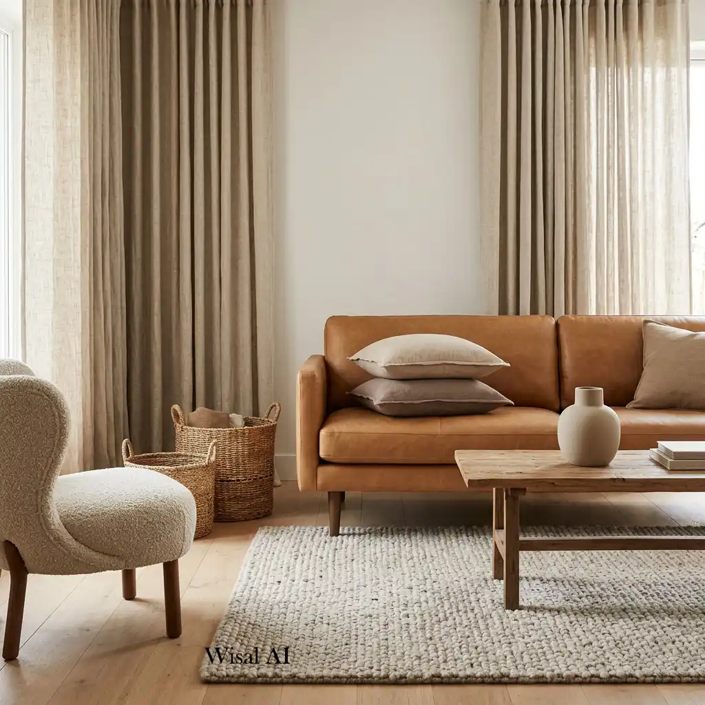 Cozy living room with layered linen, wool, and caramel textures.