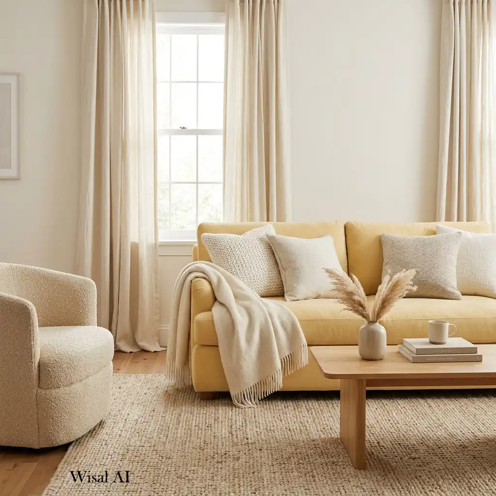 Cozy living room with linen curtains and layered neutral textiles.