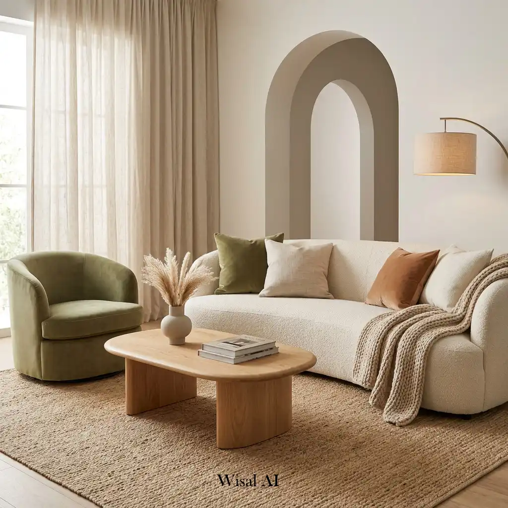 Cozy living room featuring curved furniture and layered linen and wool textures.
