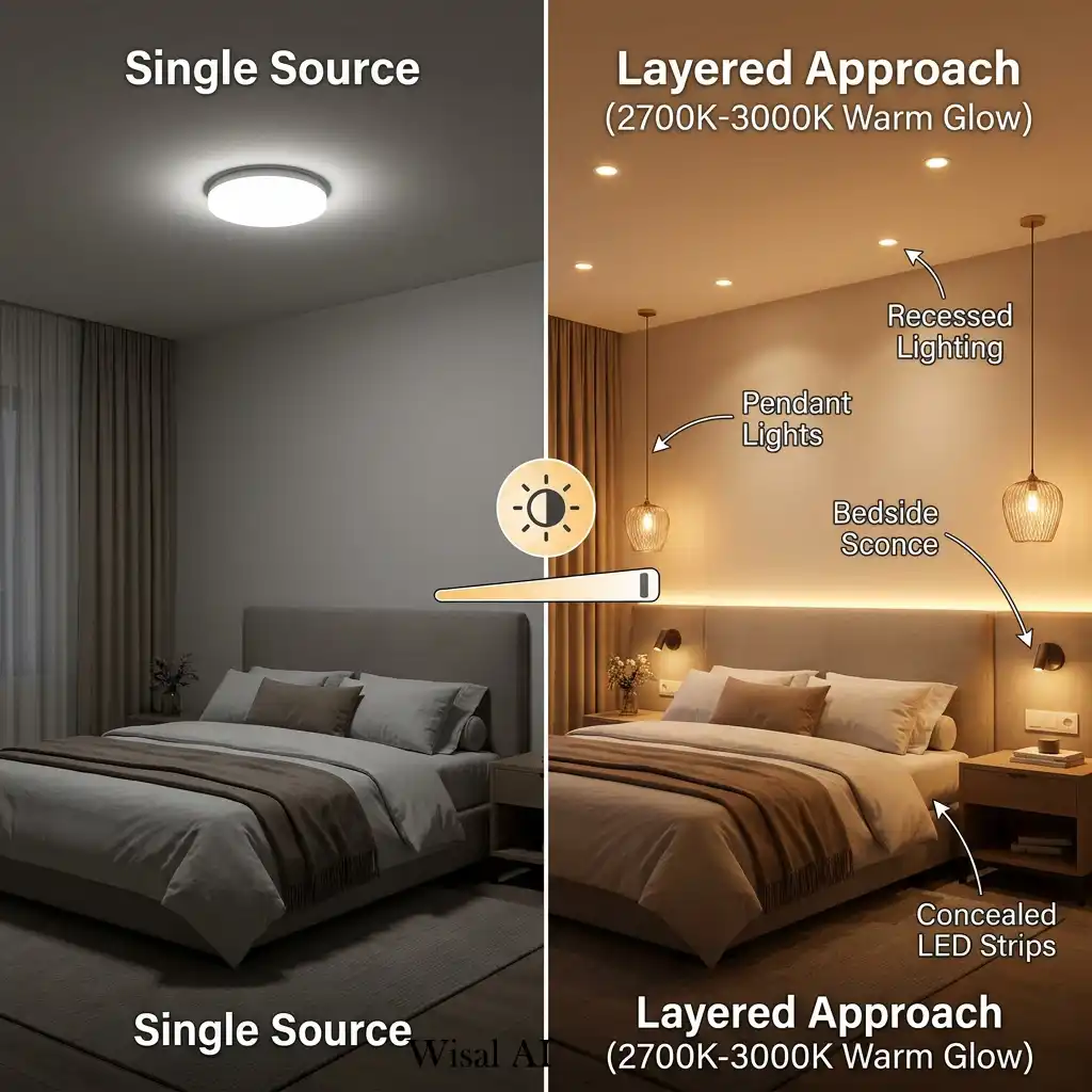 Layered bedroom lighting featuring sconces, pendants, and recessed ceiling lights.